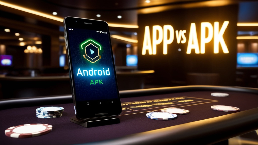 Android-telefoon met app- en APK-concept in een donkere casino-omgeving