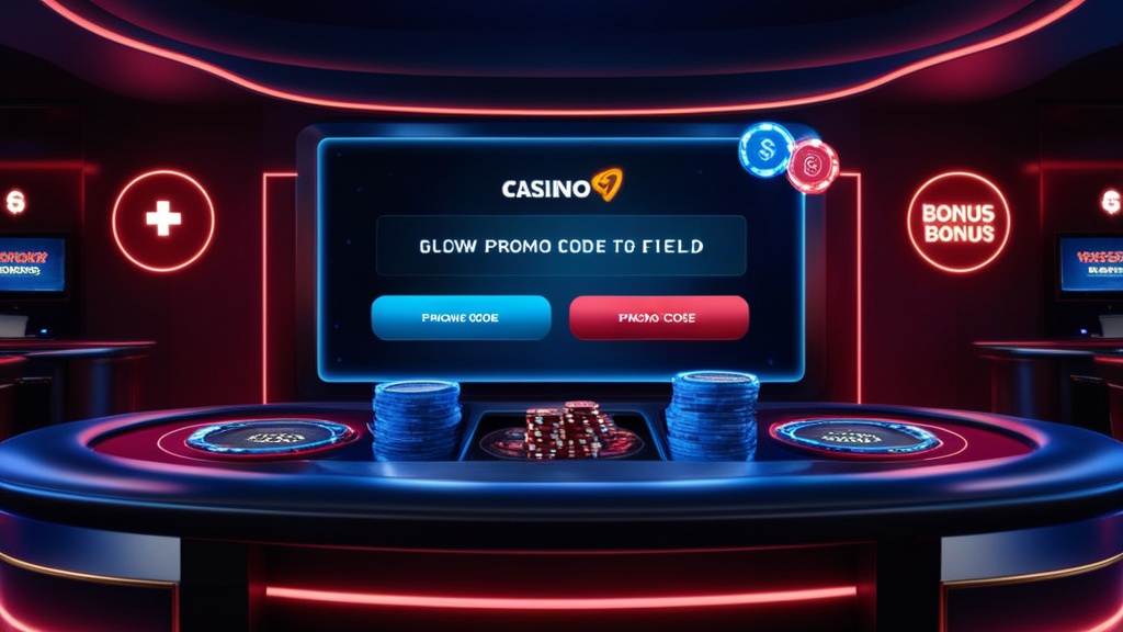 Donkere casino-interface met codeveld, voucherkaart en gloeiende bonusiconen
