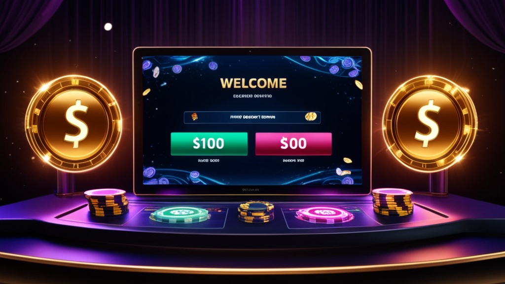Nieuwe speler bij een casino-scherm met welkomstbonus en gloeiende chips